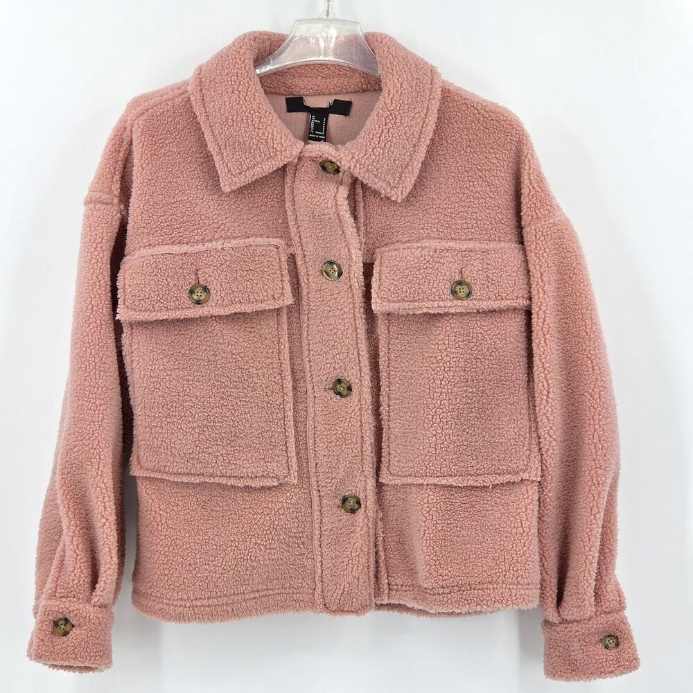 Forever 21 Teddy Jacket Shacket Womens Small Mauve Pink Distressed Plush Fall